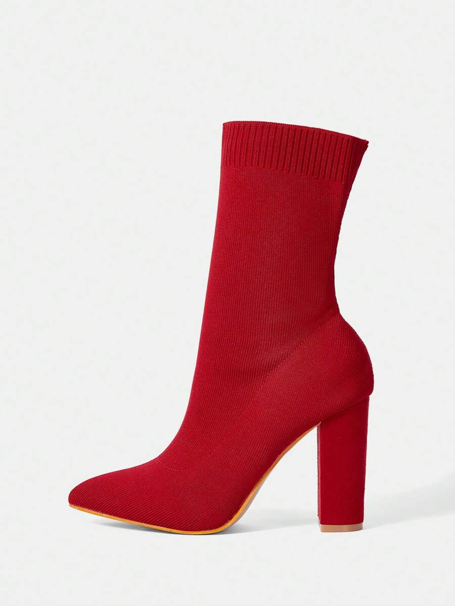 Botas de mujer tejidas a rayas con punta, tacón grueso y elástico para ponerse sin cierre