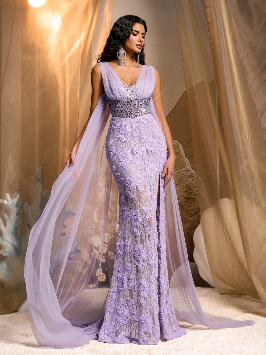 Vestido de noche formal de mujer con escote en V