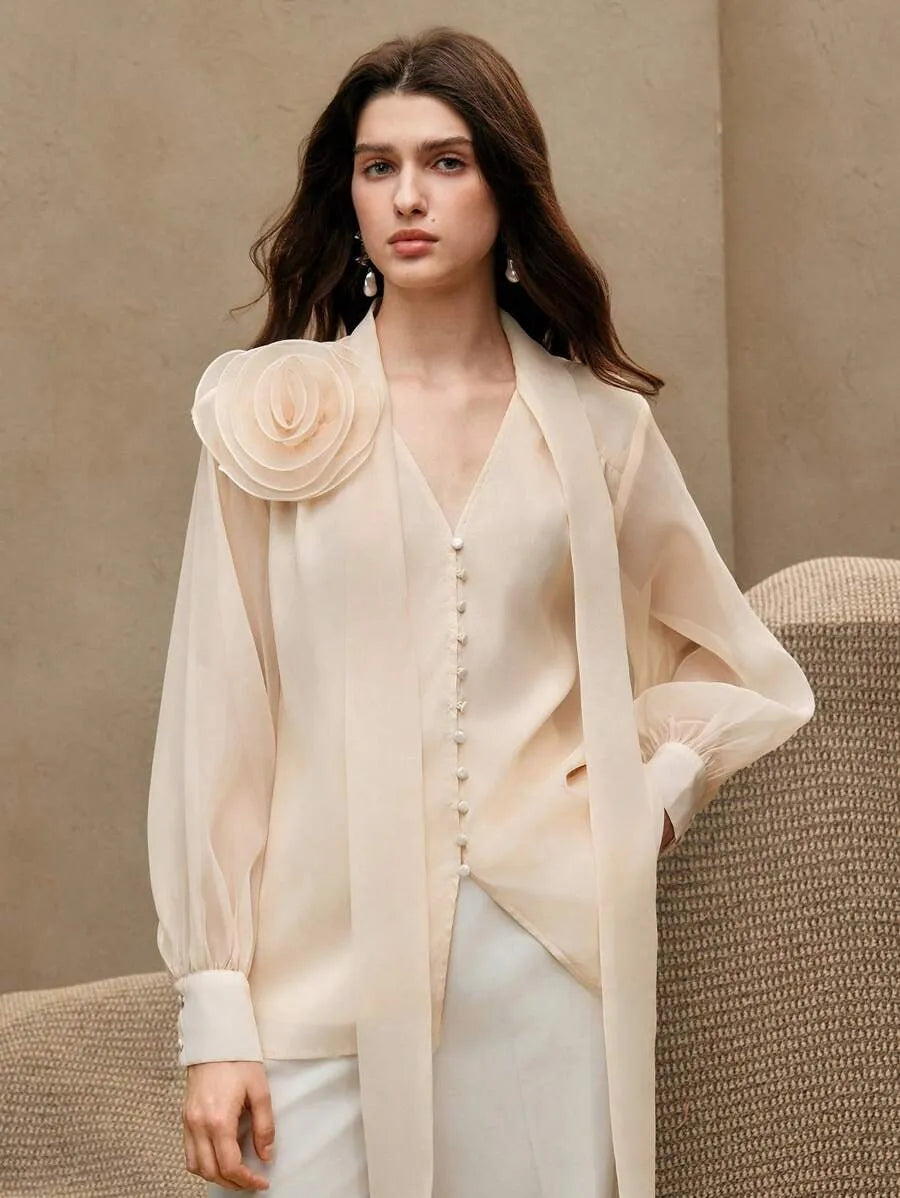 Blusa elegante de manga larga de gasa holgada