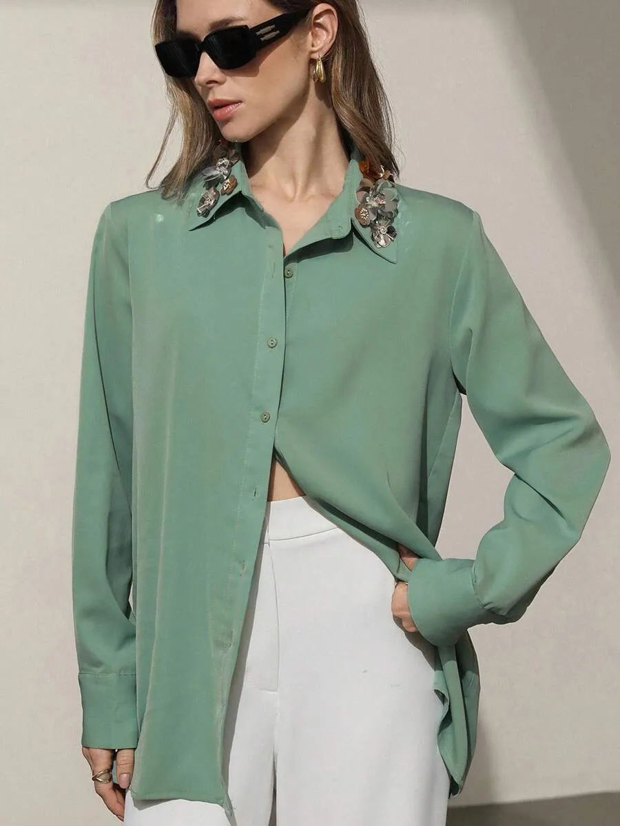 Blusa de manga larga versátil de unicolor
