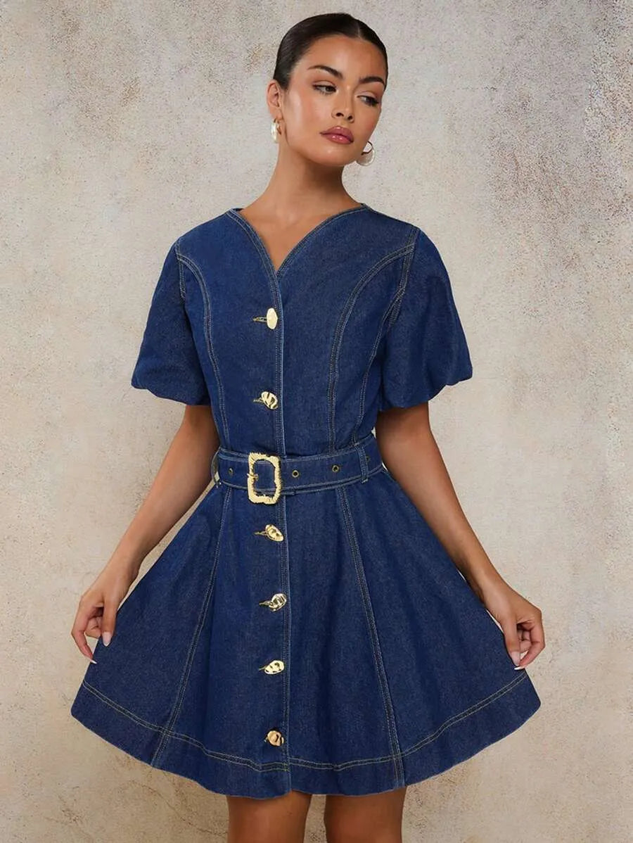 Vestido de denim con mangas abullonadas