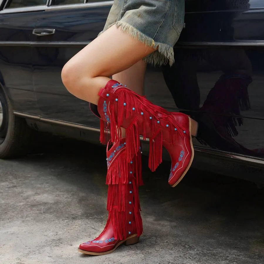 Botas vaqueras para mujer con tacón de bloque y flecos