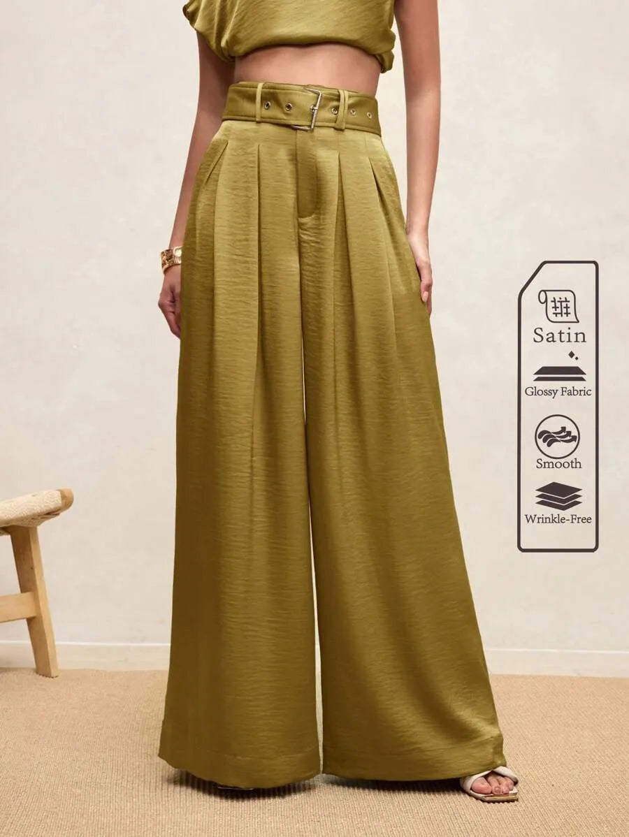 Pantalones anchos de mujer de diseño plisado elegante
