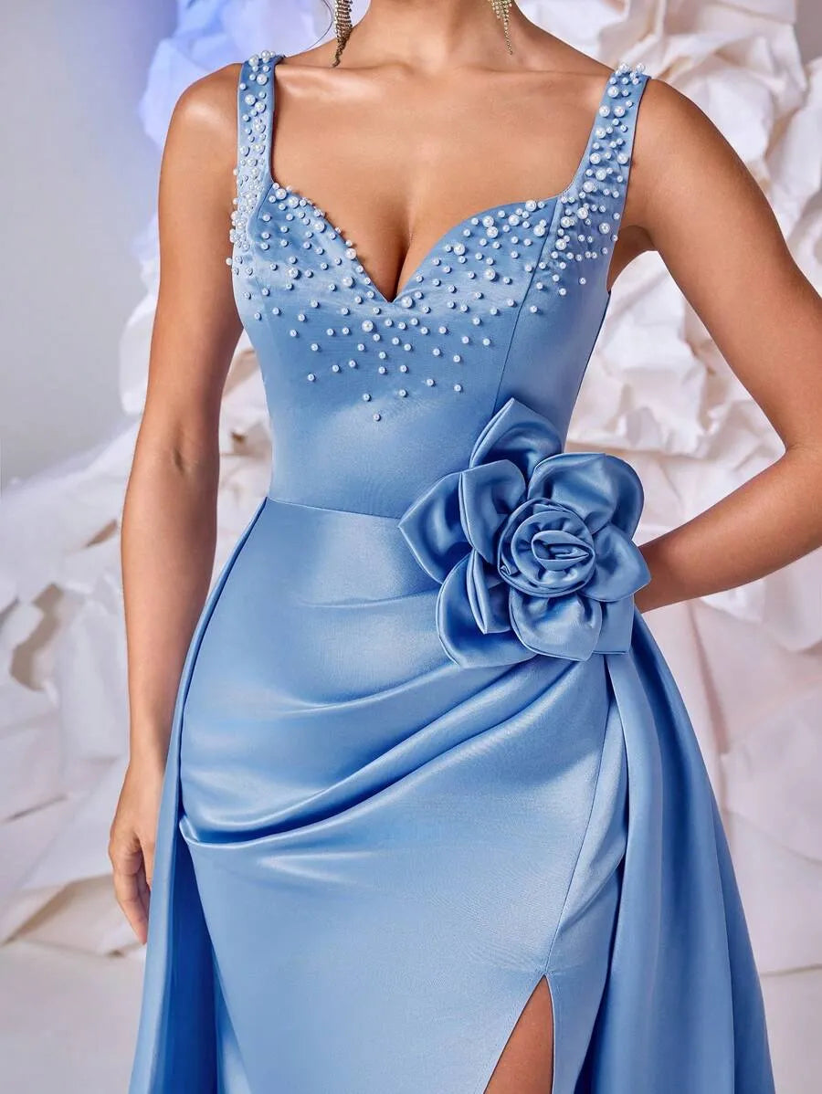 Vestido elegante falda larga de satén con diseño de flores 3D