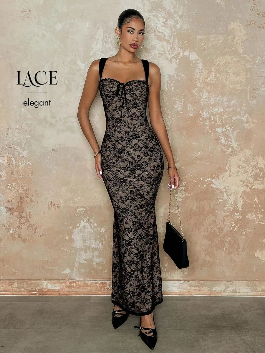 Vestido de sirena elegante y sexy de camiseta con encaje