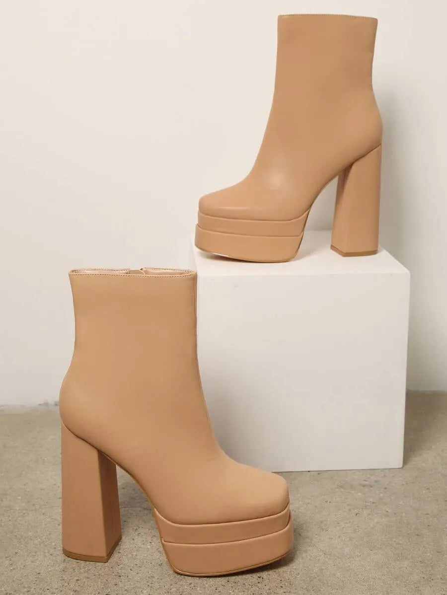 Botines con cremallera Doble plataforma grueso tacón