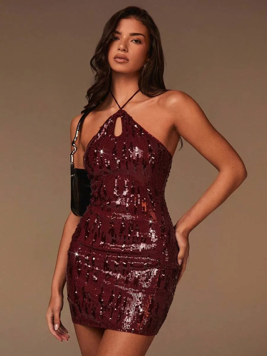 Vestido mini halter de mujer de unicolor con lentejuelas