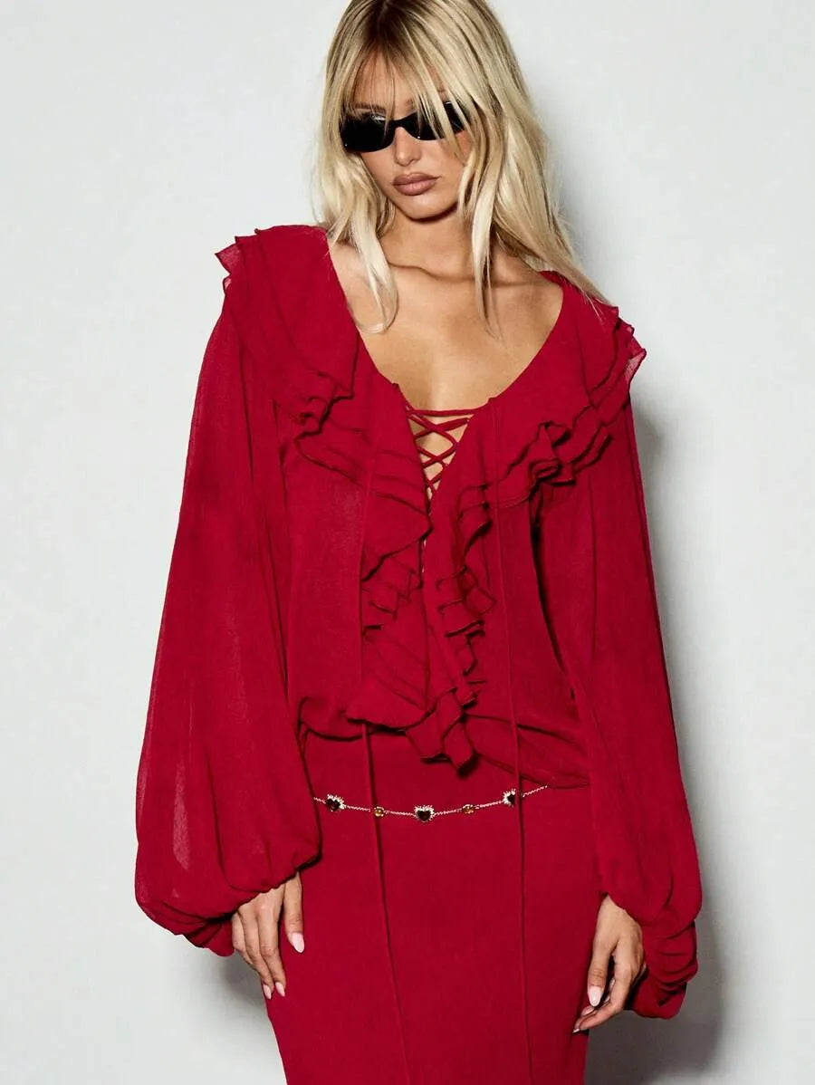 Blusa de satén de manga larga con cuello