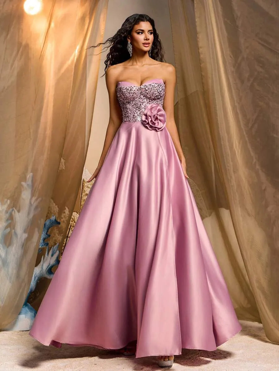 Vestido largo de satén rosado loto