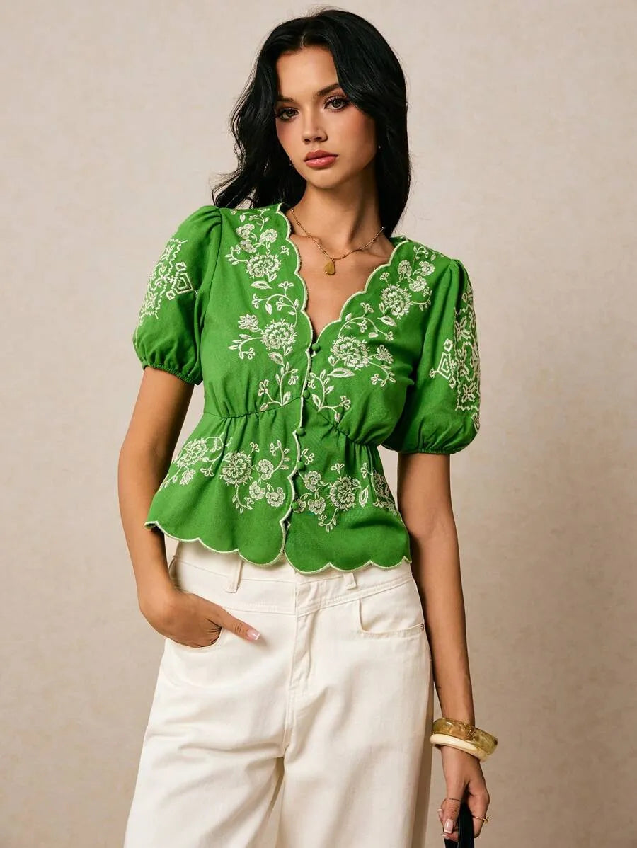 Blusa de manga corta con estampado de estilo vintage para mujer