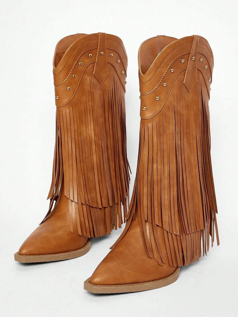 Botas vaqueras occidentales de tacón de bloque con flecos