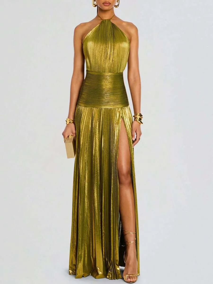 Vestido largo plisado metalizado