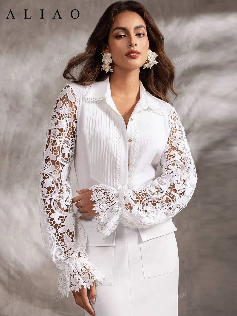 Blusa de manga larga con bordado de encaje