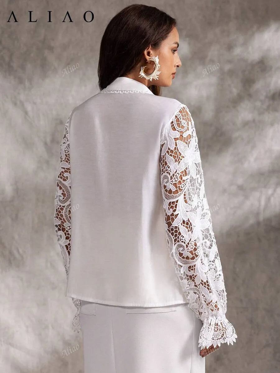 Blusa de manga larga con bordado de encaje