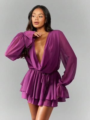 Vestido mini envolvente de chifón de manga larga