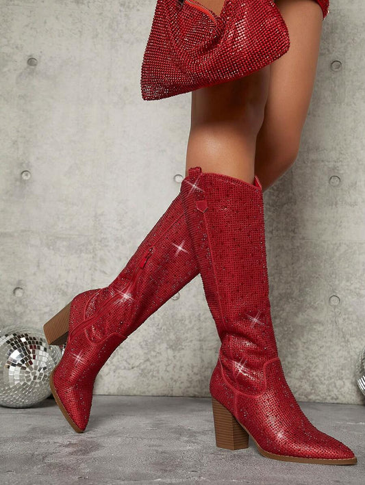 Botas brillante dedo de pie puntiagudo con tacón grueso