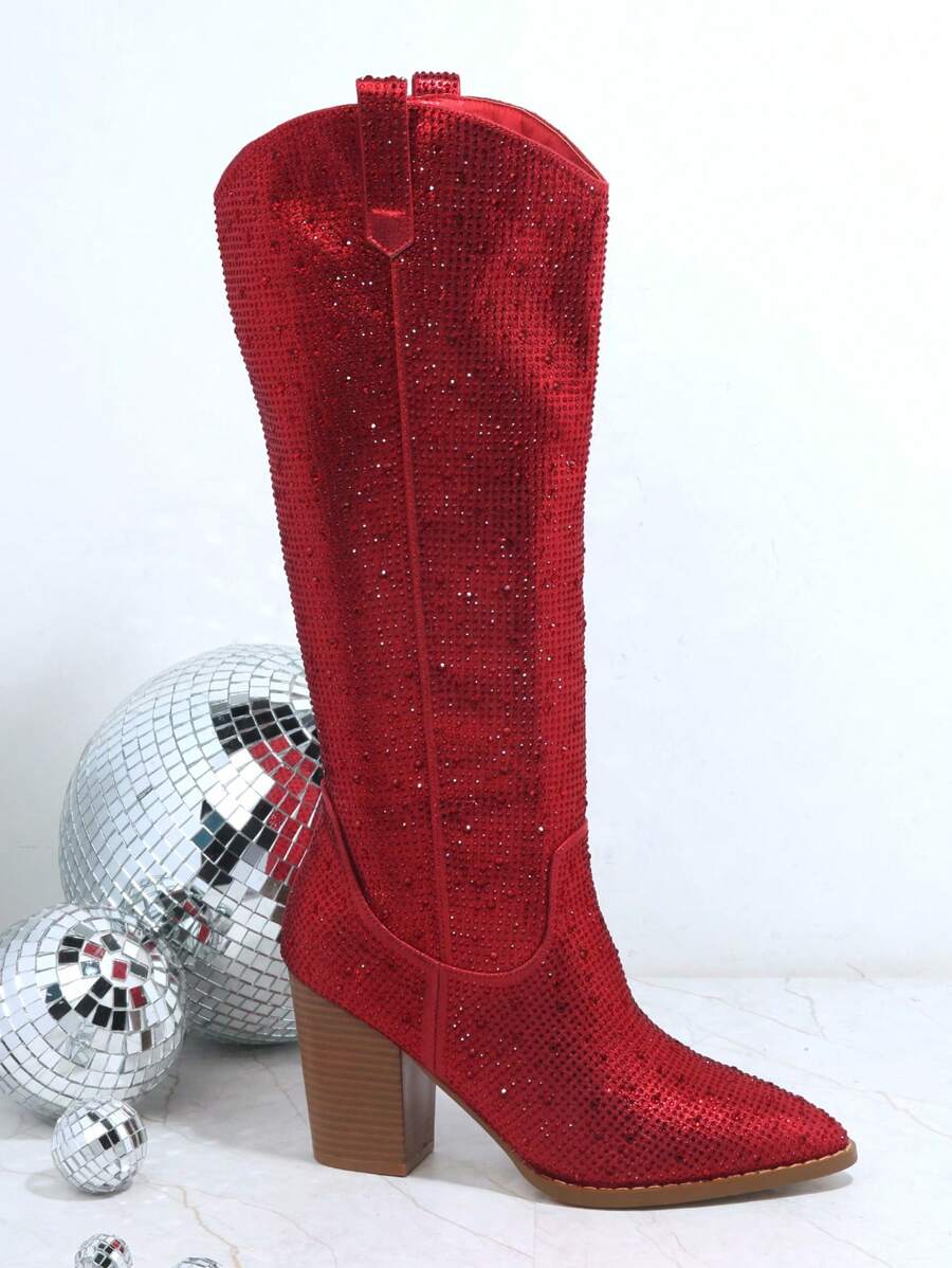 Botas brillante dedo de pie puntiagudo con tacón grueso