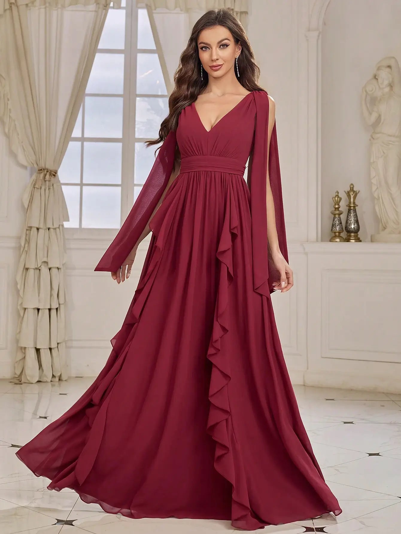 Vestido Adulto De Dama De Honor Con Cinta Ondeante En V Y Dobladillo Con Volantes