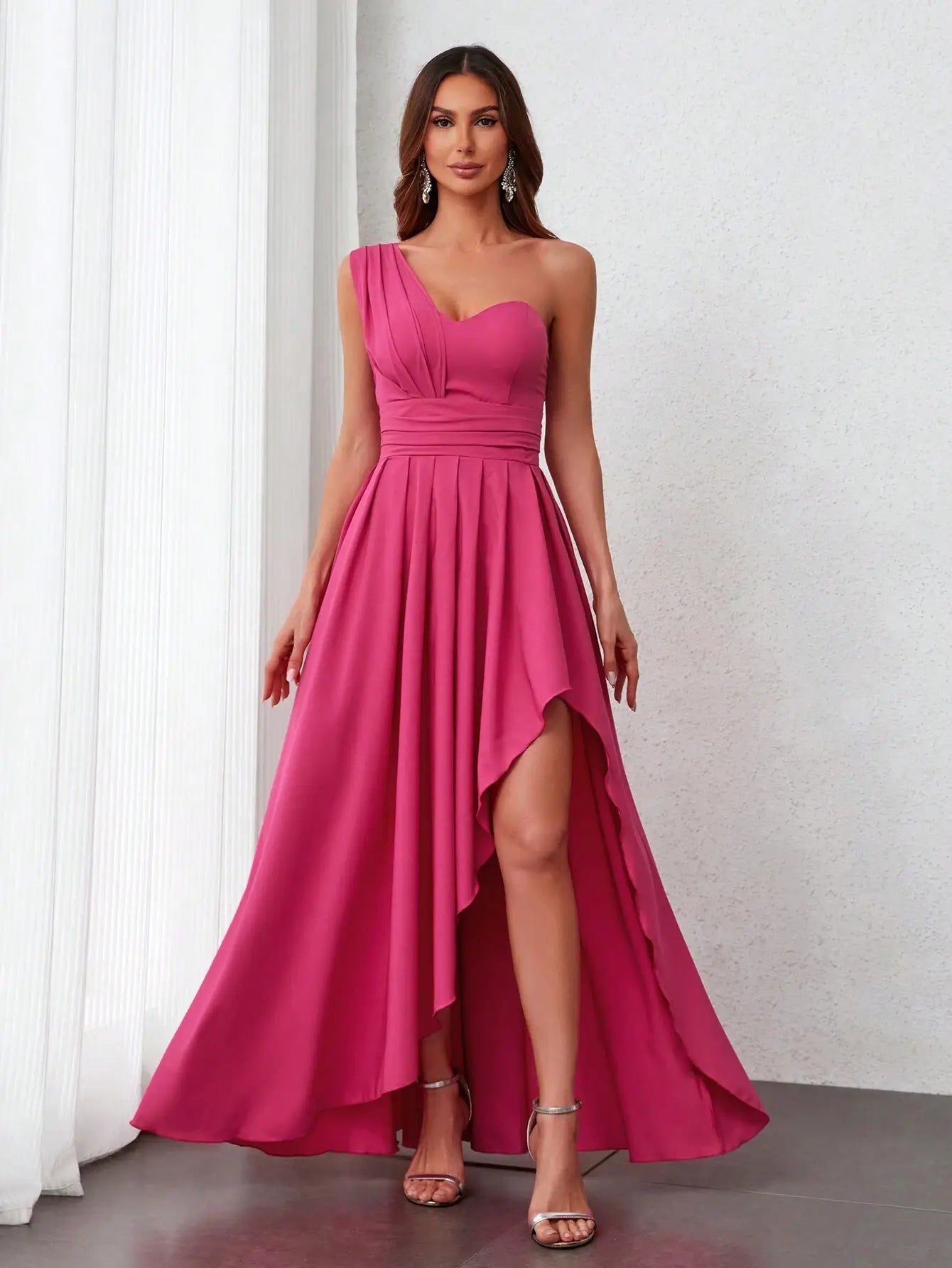 Vestido De Fiesta De Cóctel Rosado Con Un Hombro Para Mujer