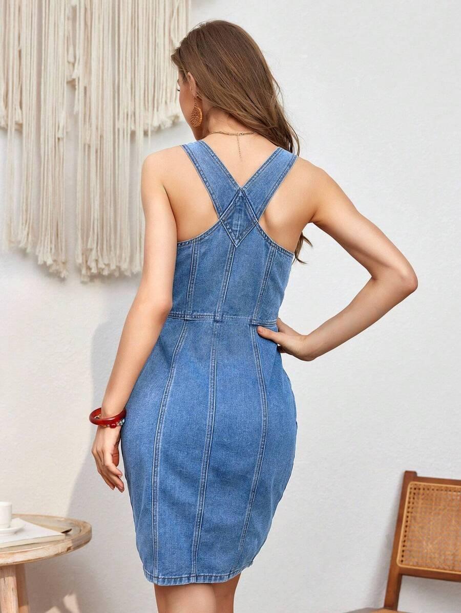 Vestido De Mezclilla Entallado Para Mujer Con Cuello Y Detalles De Solapa Con Botones