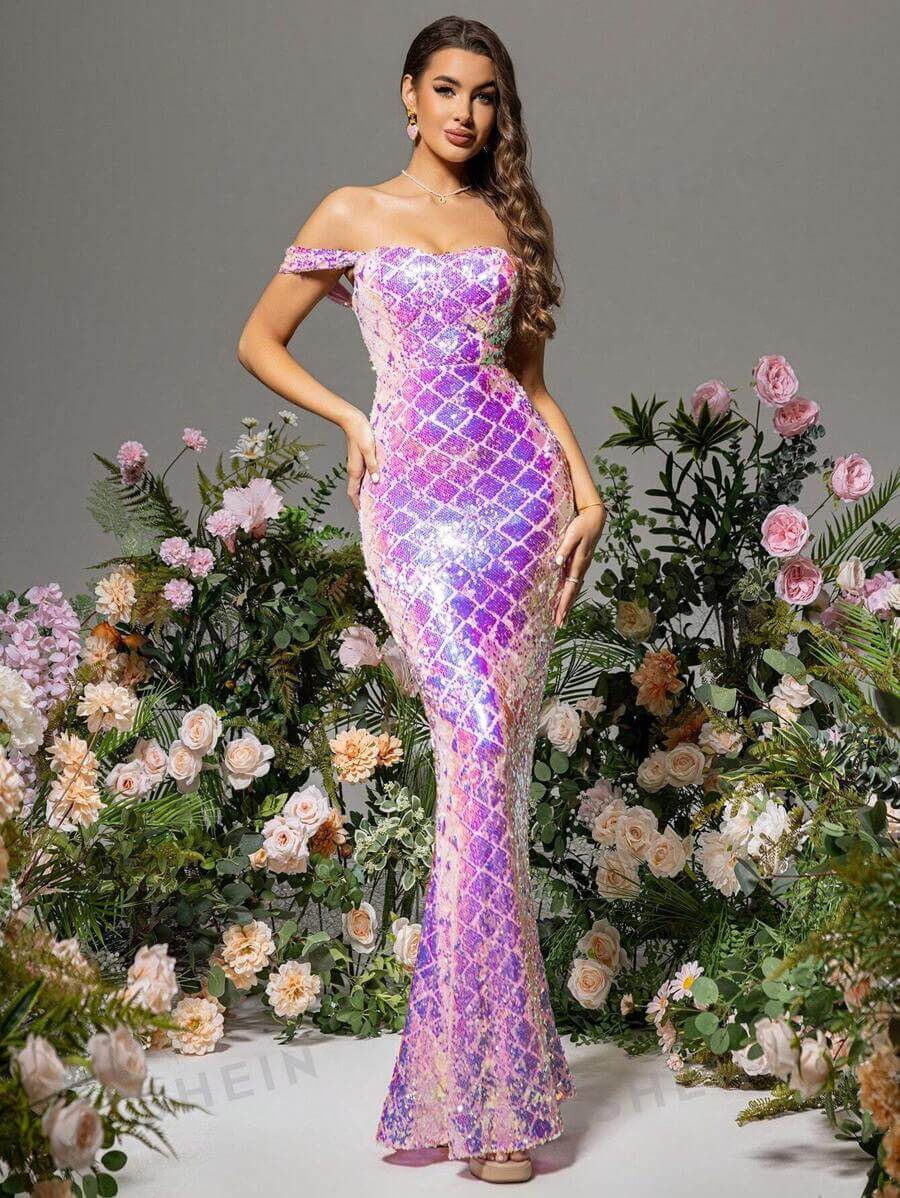 Vestido De Noche De Sirena Rosa Con Brillo Para Mujeres