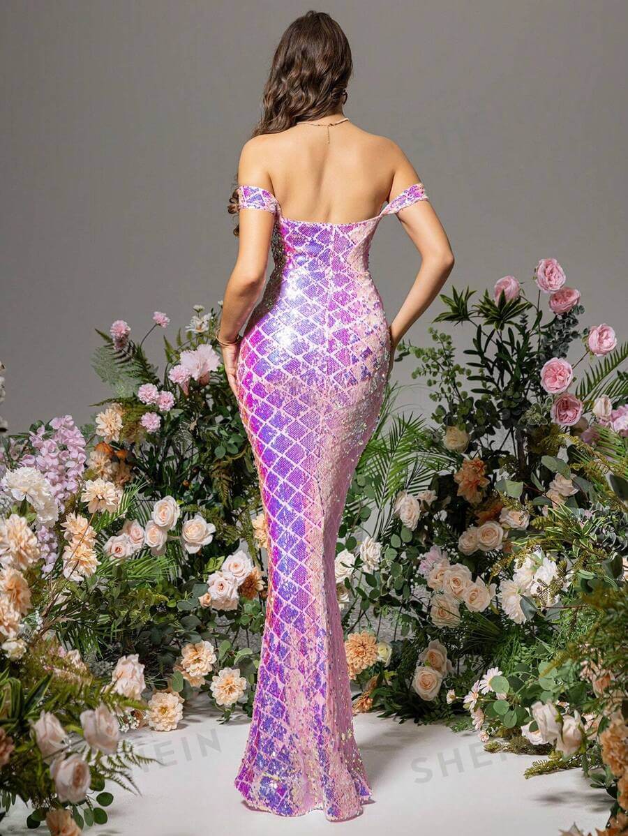 Vestido De Noche De Sirena Rosa Con Brillo Para Mujeres