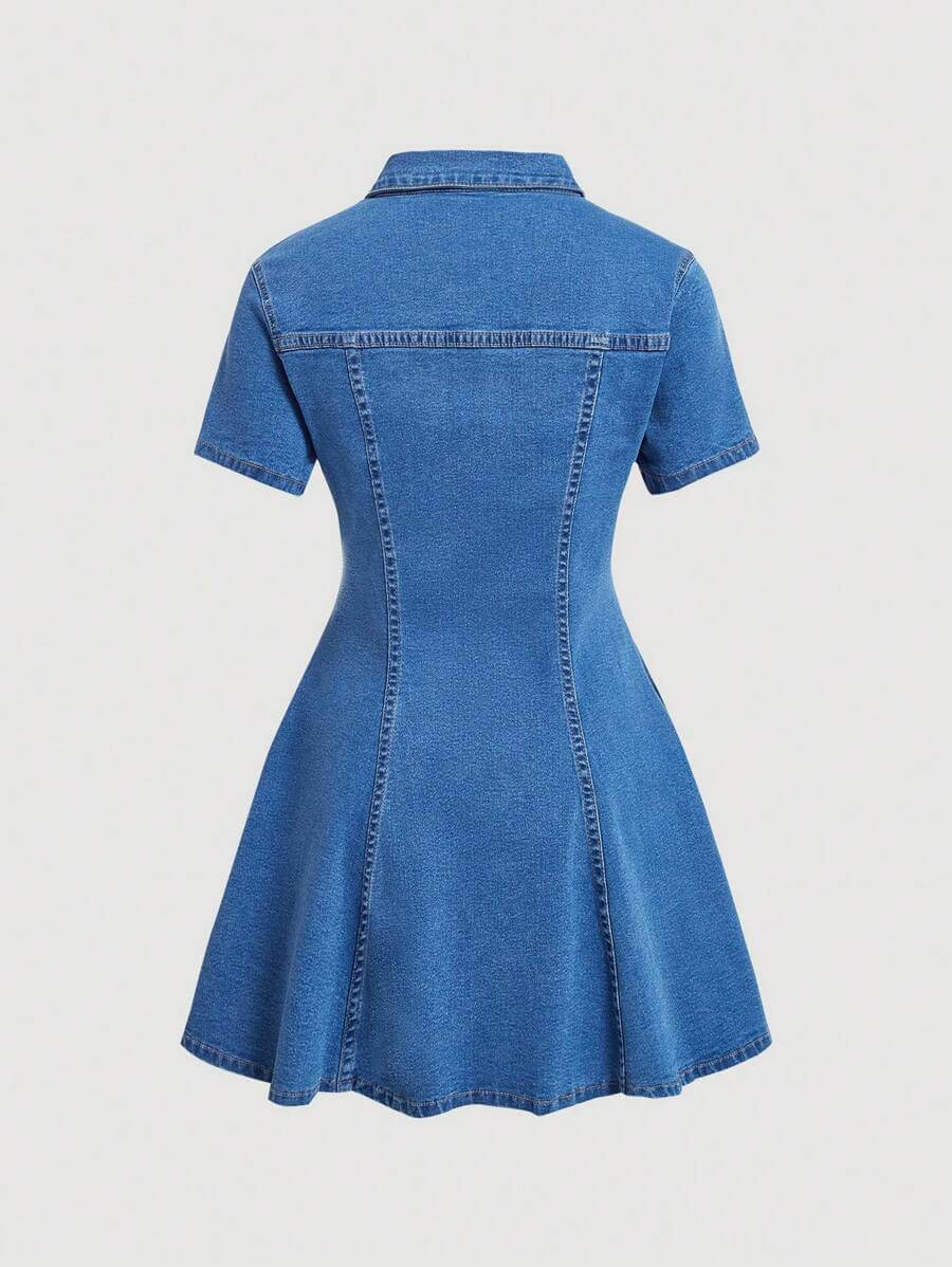 Vestido Vaquero Camisero De Manga Corta Para Mujer