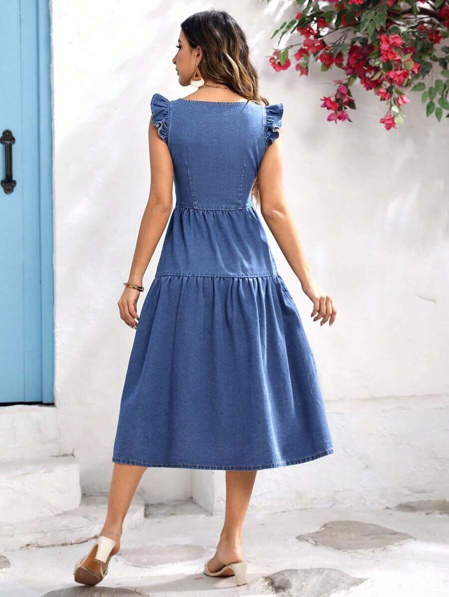 Vestido De Mezclilla Suelto Con Escote En V Y Dobladillo Con Volantes En Azul