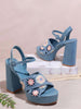 Sandalias De Tacón Alto Azules Con Diseño Floral