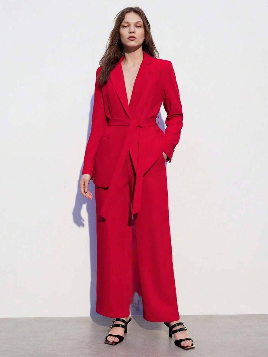 Conjunto De Traje De Chaqueta Y Pantalón Para Mujer Con Solapa Acanalada De Color Sólido