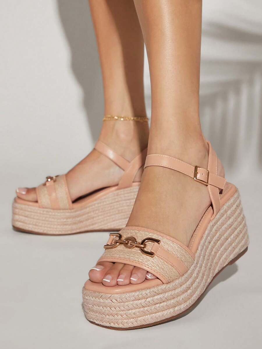 Sandalias de plataforma con tacón de cuña para mujer decoradas con cadena de meta