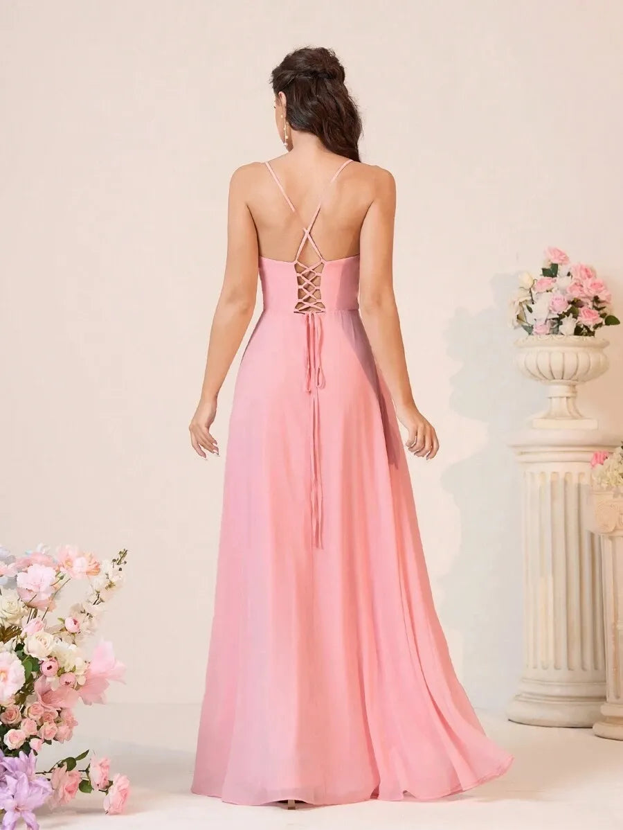 Vestido de dama de honor elegante en línea A con tirante de hombro, diseño fruncido con volantes