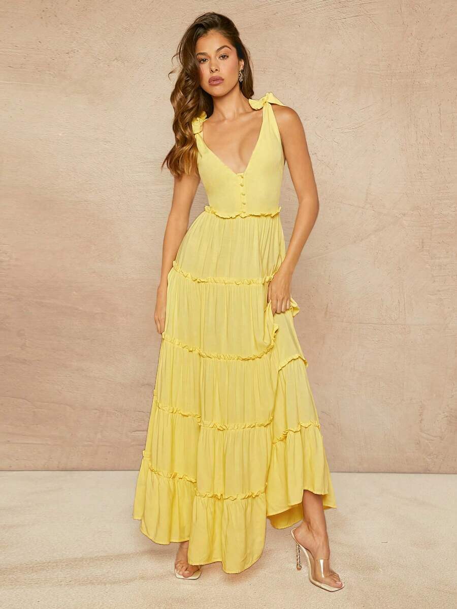 Vestido de botones con tirantes de lazo y volantes en capas