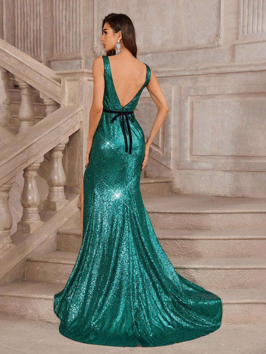 Vestido de noche sirena de lentejuelas con abertura alta