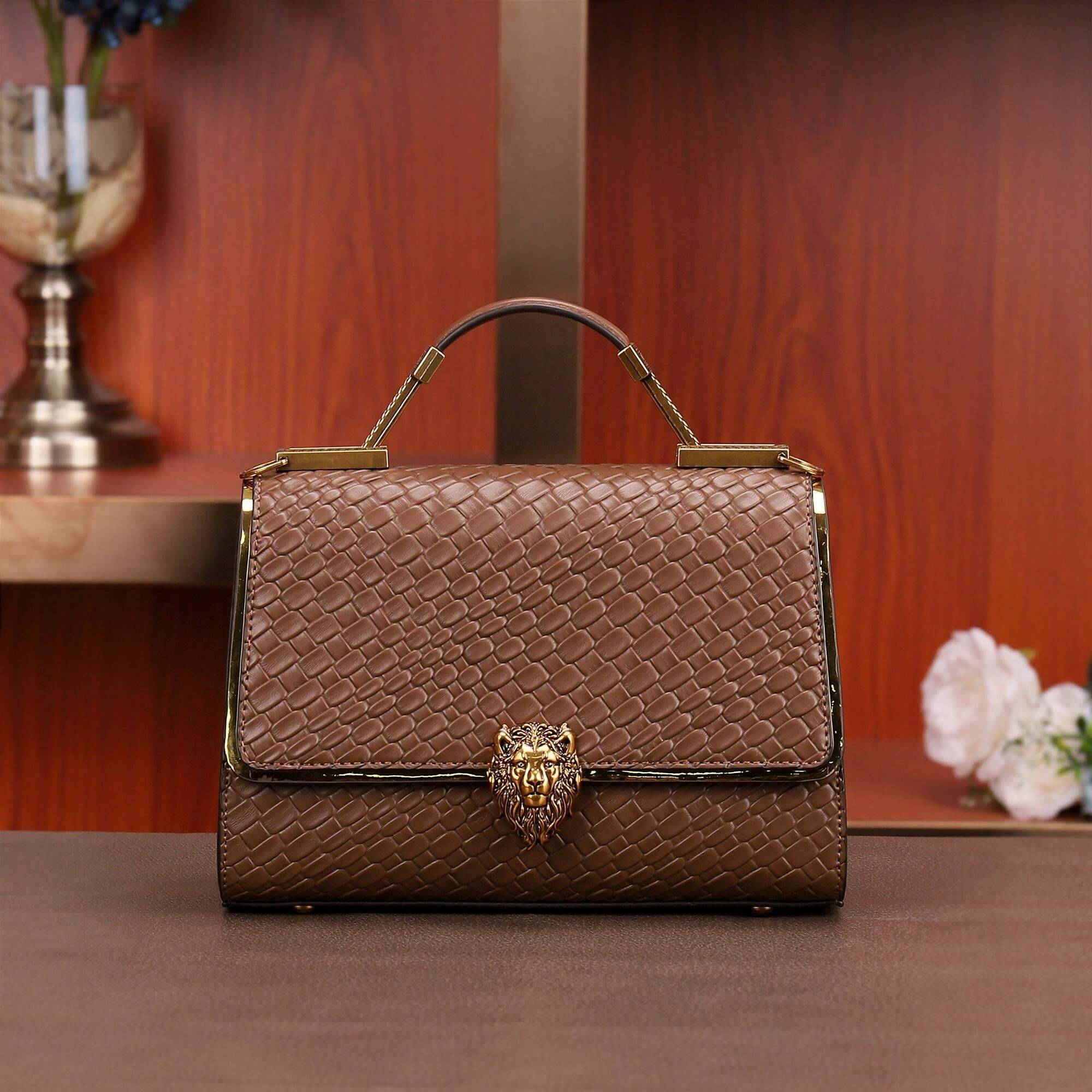 Bolso de mano con patrón de trenza de cabeza de león, elegante y retro