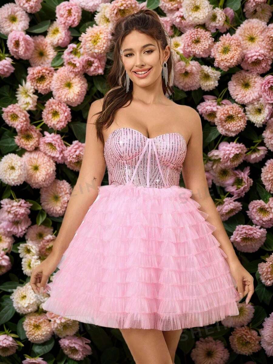 Vestido elegante para fiesta de cóctel rosa para mujer con corte de línea