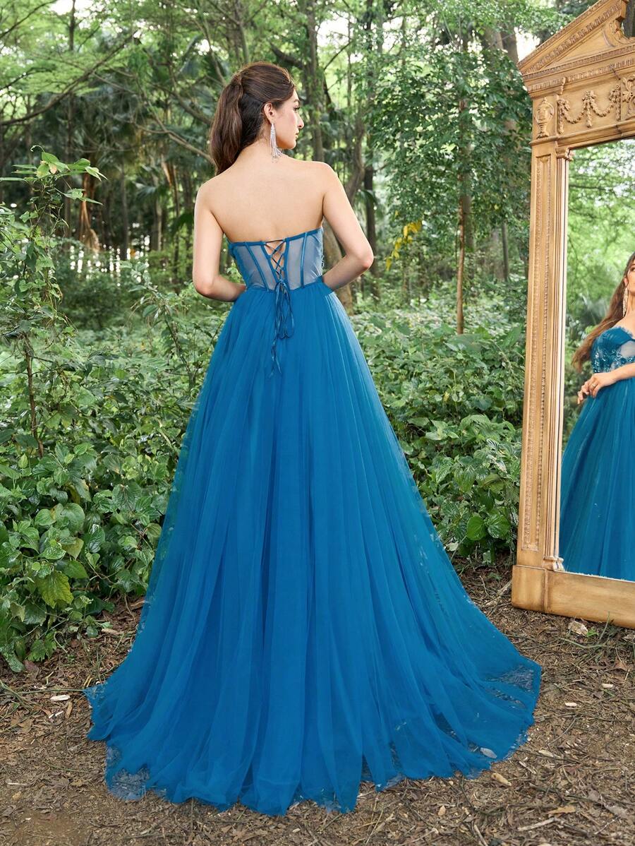 Vestido formal de gala de mujer de corte estratégico con corpiño plisado y dobladillo de malla