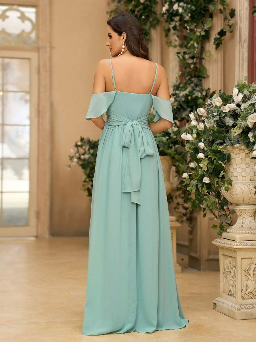 Vestido de dama de honor de gasa verde menta elegante y romántico