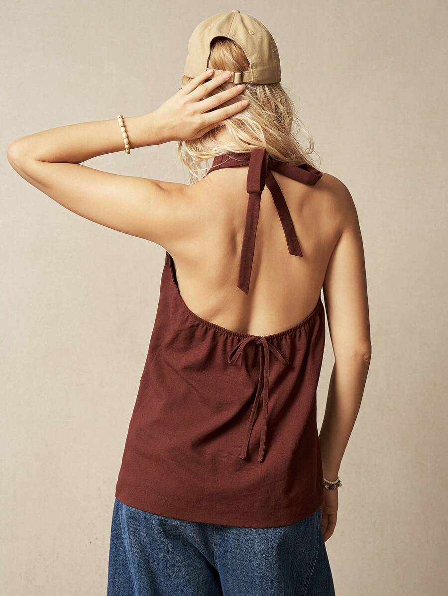 Top de cuello halter sin mangas de unicolor de moda para mujer para vacaciones