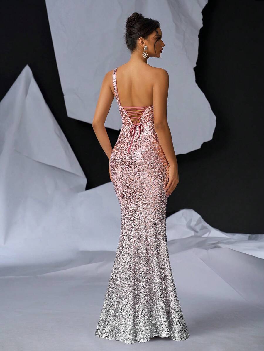 Vestido Elegante y romántico vestido de noche con degradado rosa, con finas cuentas brillantes