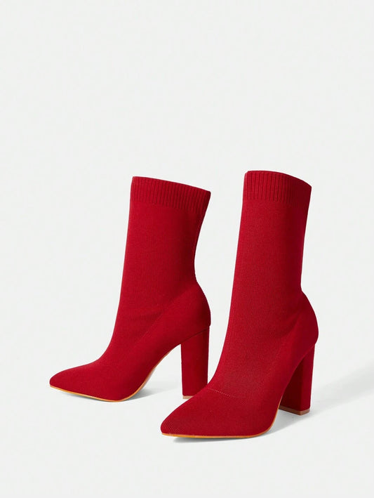 Botas de mujer tejidas a rayas con punta, tacón grueso y elástico para ponerse sin cierre