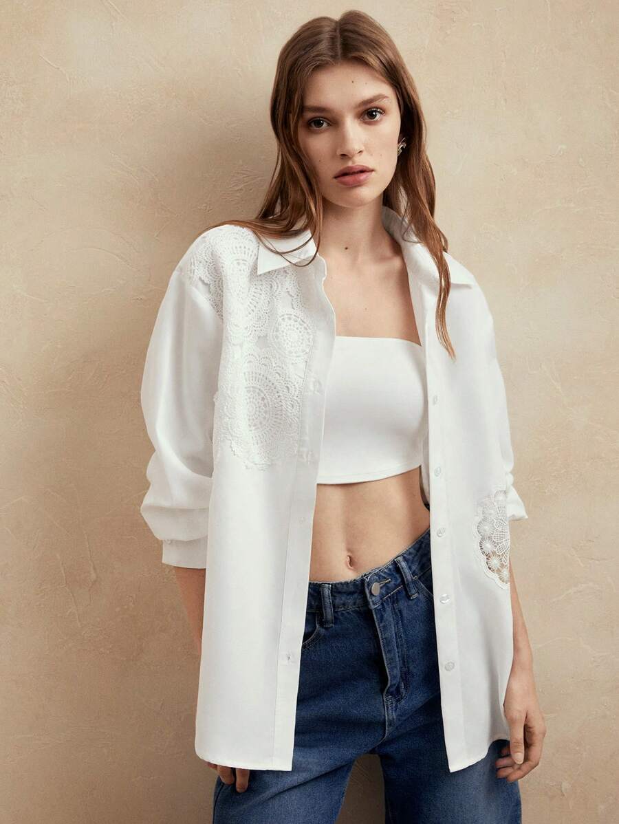 Blusa Elegante  asimétrica de encaje blanco suelta para mujer