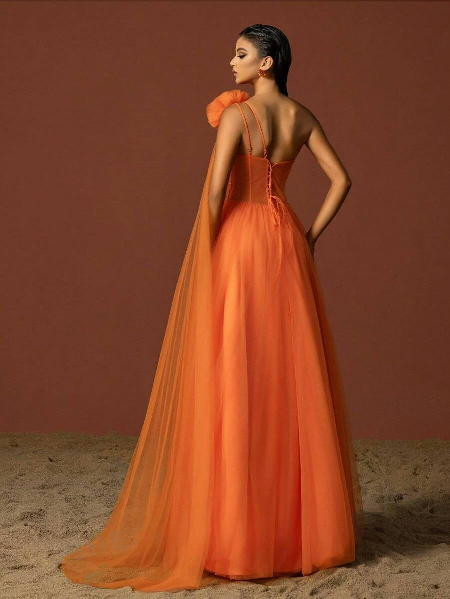 Vestido De Noche Elegante De Naranja Con Hombro Único, Lentejuelas, Malla Y Abertura