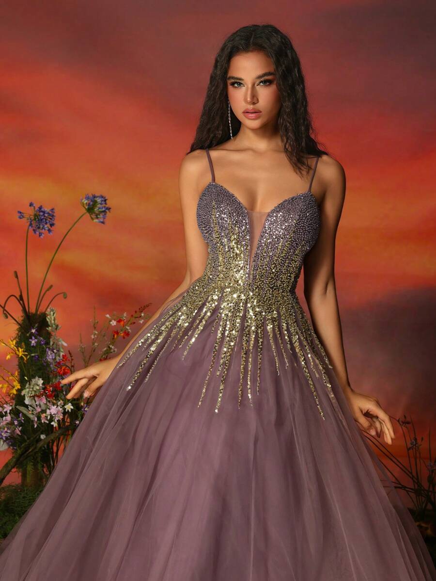 Vestido de noche largo de tul morado con lentejuelas elegante para mujeres