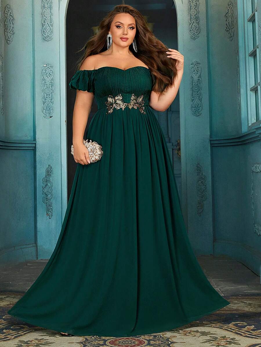 Vestido de dama de honor de talla grande con aplique de flores verdes