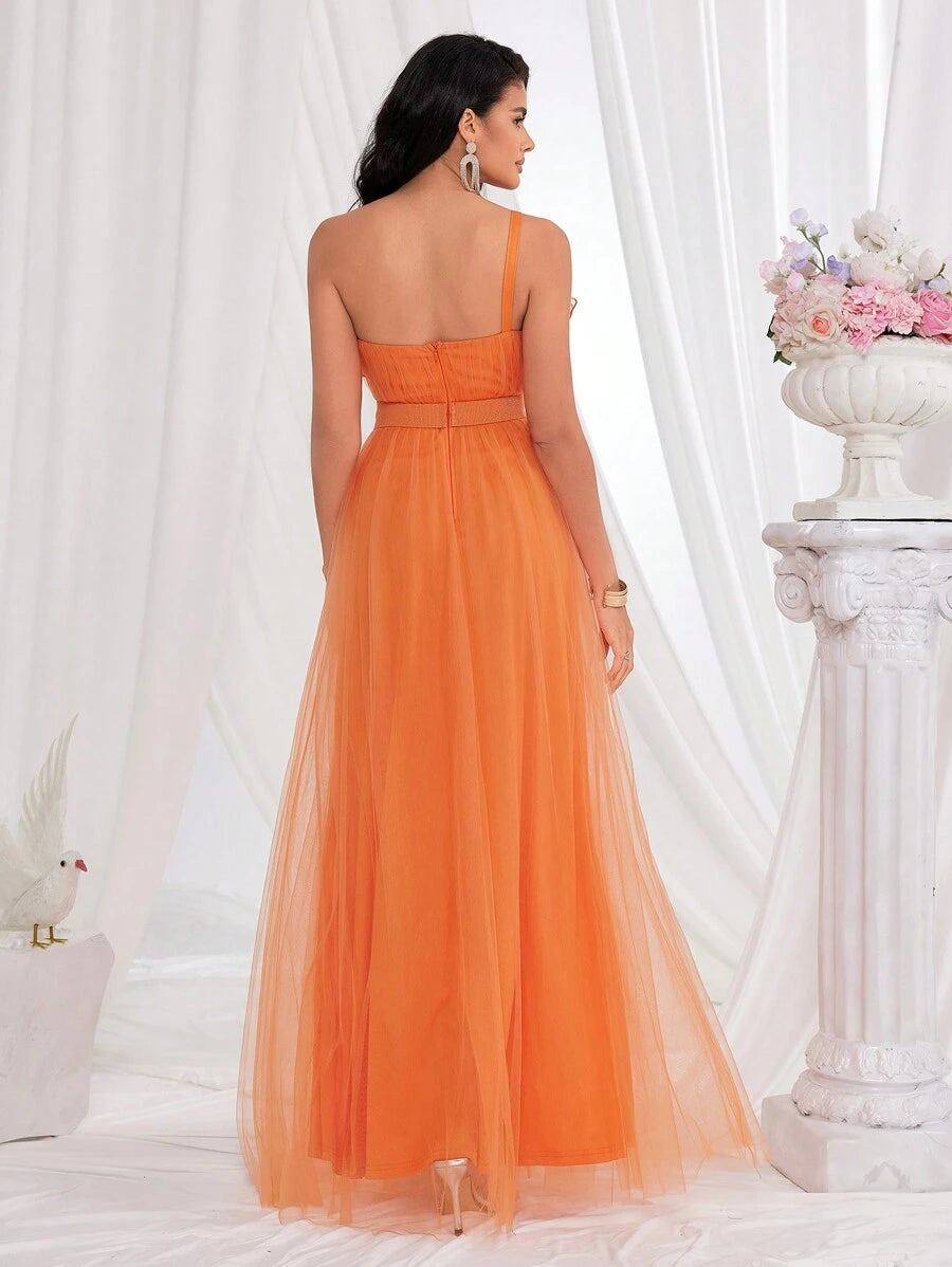 Vestido de promoción naranja transparente con abertura alta