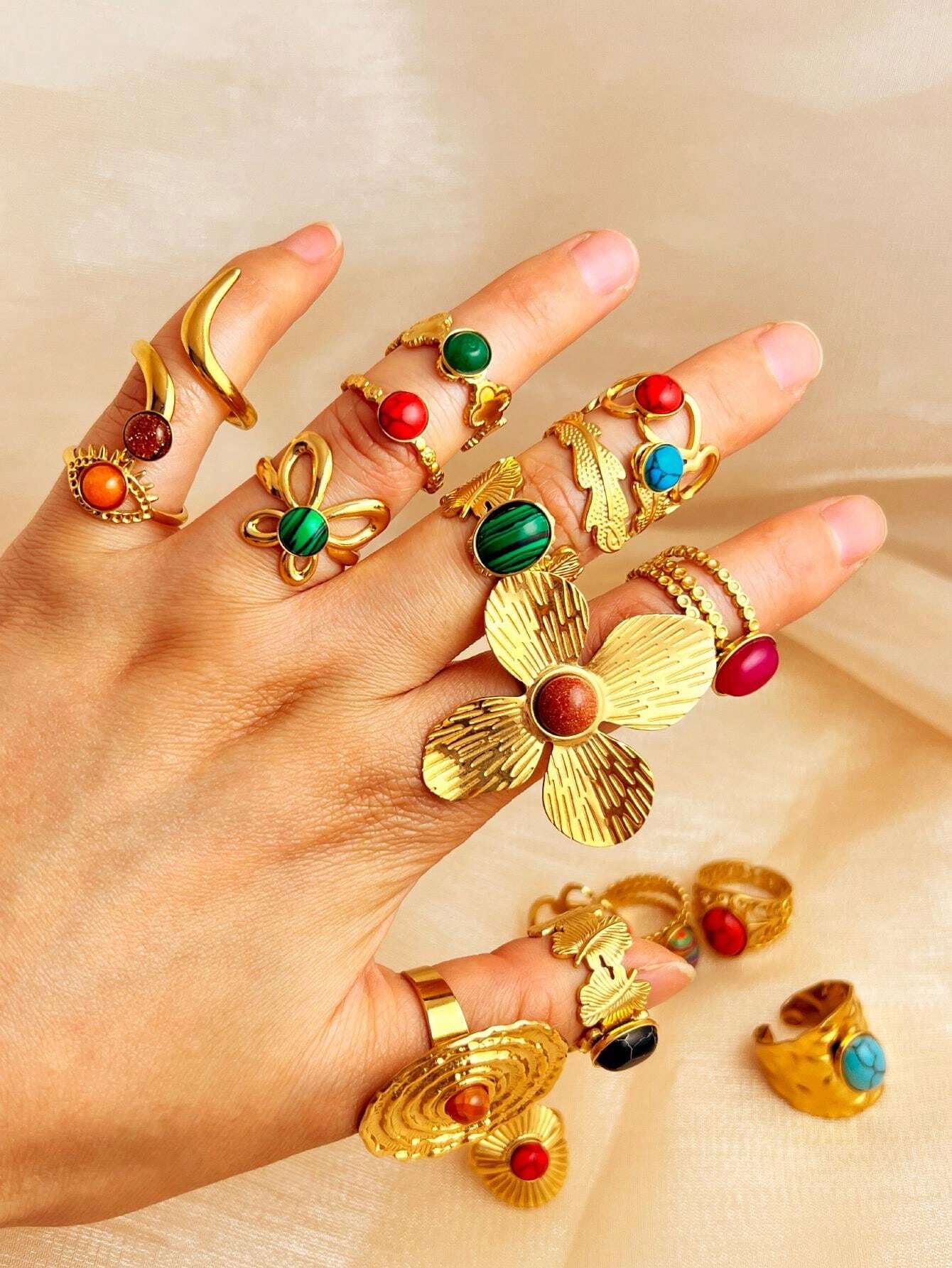 12 piezas Set de anillos joyería de moda, acero inoxidable, chapado en oro de 18K