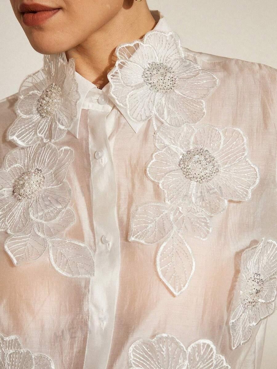 Camisa casual de manga larga y estilo de conmutador con bordado de lentejuelas en 3D de flores transparentes