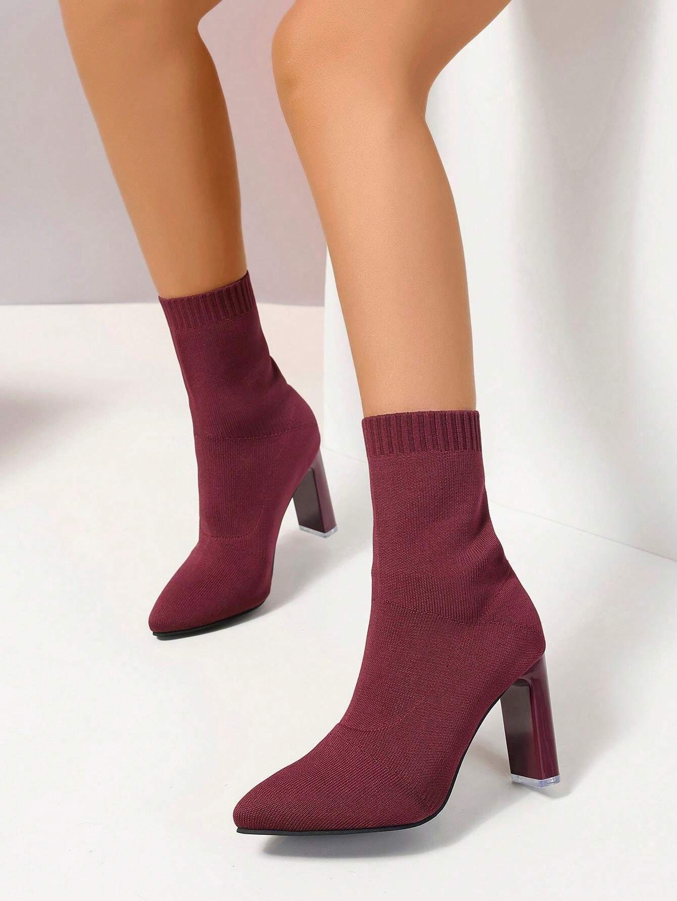 Botines para mujer a la moda en rojo vino con punta puntiaguda y tacón alto grueso