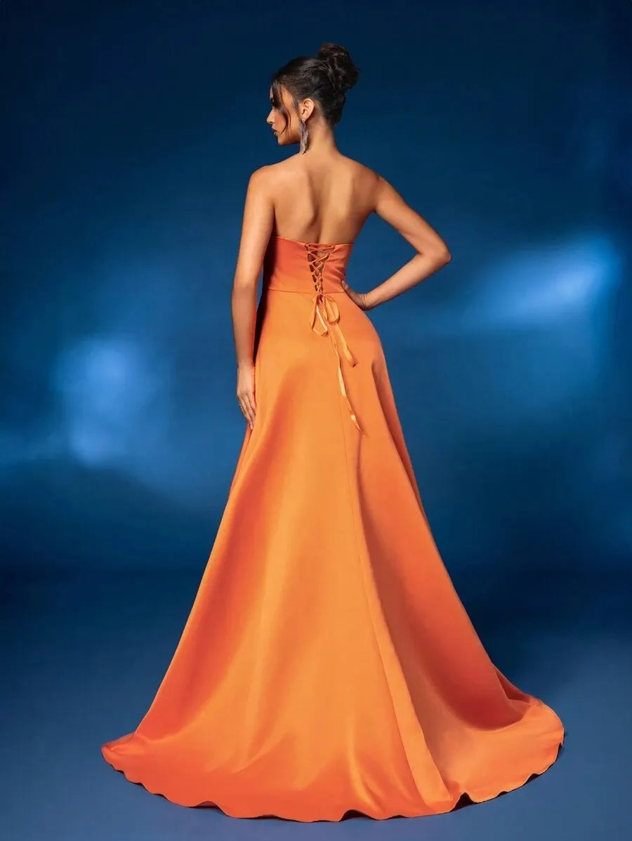 Vestido elegante naranja adorno lentejuelas